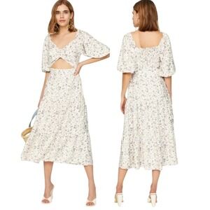 MinkPink Hailey Floral Midi Dress XS Puff Sleeves Shirred Elastic Bodice
